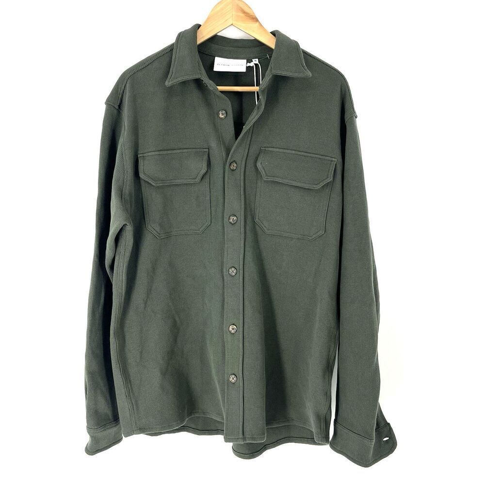 Plenum Studio Shirt Size Medium Men Olive Waflle Knit Skellen Button Up Gorpcore